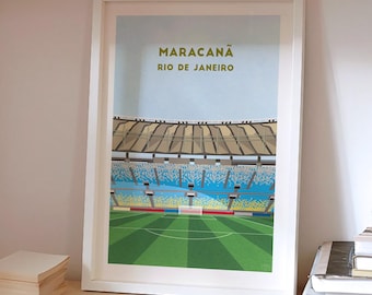Impression du stade de football Maracanã du Brésil - oeuvre d'art murale Rio de Janeiro, cadeau affiche de football, cadre en bois au choix, texte personnalisé au choix