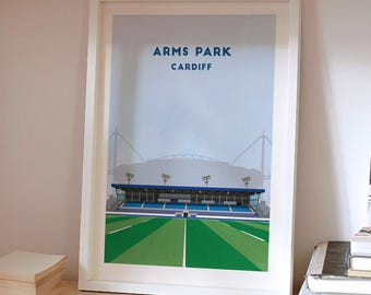 Cardiff Arms Park Rugby Stadium Print - Minimalist Illustrated Wall Art, Rugby Poster Gift, Wood Framed Option, Personalised Text Choice