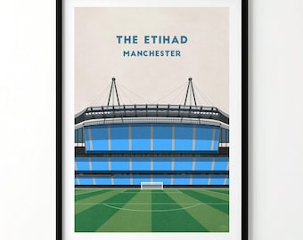 Manchester City Retro Football Print - Etihad Stadium Poster Wall Art (Personalised + Framed Option)