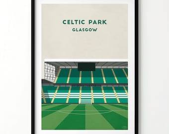 Puede incluir: Una impresión artística enmarcada que presenta una ilustración estilizada del Celtic Park en Glasgow. La obra de arte muestra los asientos y el campo verdes y blancos del estadio, con el texto "CELTIC PARK GLASGOW" en la parte superior. La impresión está sobre un fondo neutro.