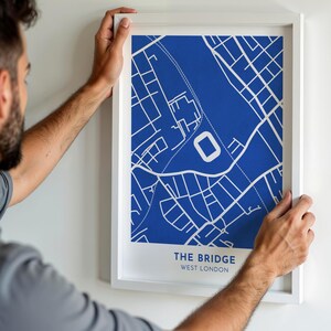 Impression d'art carte de Chelsea, affiche du stade Bridge, cadeau football design graphique minimaliste, photo murale amateur de football amateur de cartes