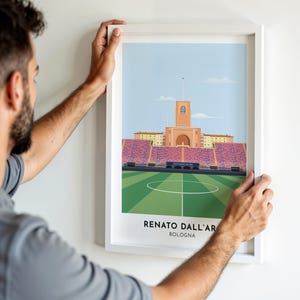 Stampa artistica del calcio del Bologna, poster illustrato dello Stadio Renato Dall'Ara, regalo di calcio italiano per lui e per lei, immagine grafica incorniciata o senza cornice