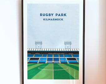Kilmarnock FC Rugby Park Football Print - Contemporary Scottish Football Wall Art - Ayrshire Poster Gift for Fans - Customised Illustration