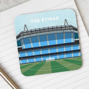 Manchester City Football Coaster Gift | The Etihad Artwork | Hardboard Drinks Mat | Football Supporter Present | Gift for Men Women Children