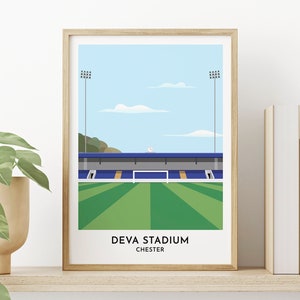 May include: A digital illustration of Deva Stadium in Chester, England. The stadium is depicted in a minimalist style with a blue and white colour scheme. The illustration is framed and ready to hang.
