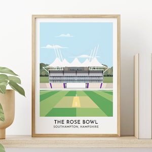 Obra de arte minimalista de Hampshire Cricket, impresión enmarcada o sin marco de regalo del Rose Bowl para fanáticos del cricket, Southampton, Inglaterra