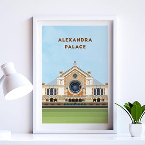 Impressão artística do Alexandra Palace - Pôster de arquitetura de Londres - Ilustração de dardos, boxe e local de música