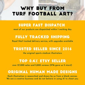 May include: A graphic with the text "WHY BUY FROM TURF FOOTBALL ART?" on a yellow background. Additional text highlights fast dispatch, tracked shipping, trusted seller since 2016, top Etsy seller, and original human-made designs.