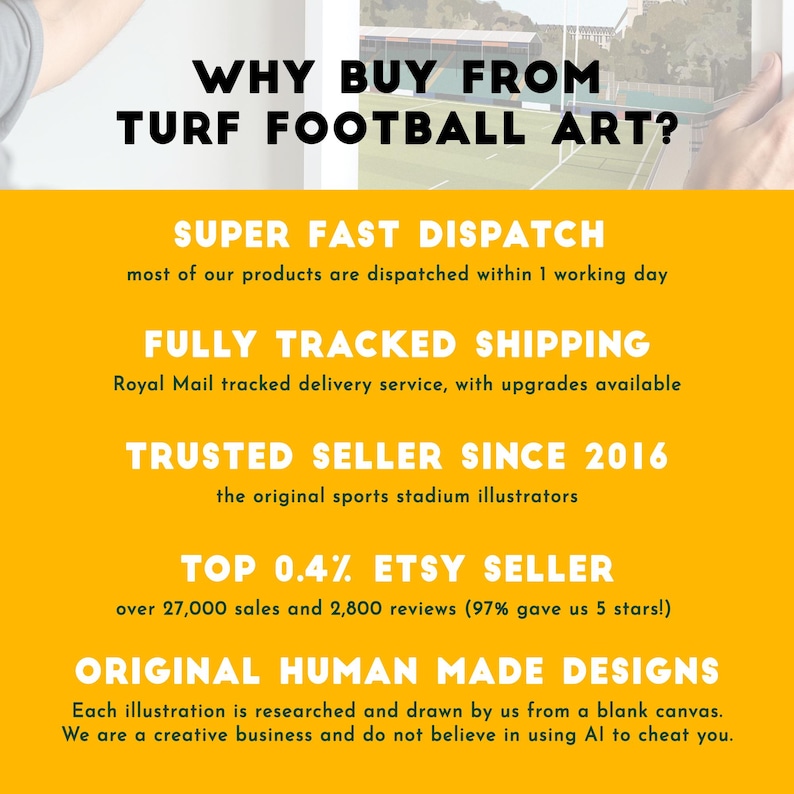 May include: A graphic with the text "WHY BUY FROM TURF FOOTBALL ART?" on a yellow background. Additional text highlights fast dispatch, tracked shipping, trusted seller since 2016, top Etsy seller, and original human-made designs.