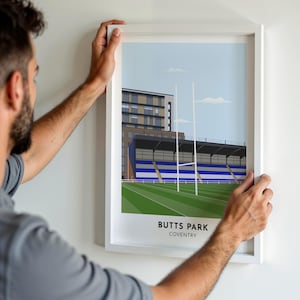 Coventry rugbyposter, Butts Park Arena Stadium Art Print, cadeau-ideeën voor sportfans, ingelijste of ingelijste optie, A1 A2 A3 A4 5 x 7 12 x 16
