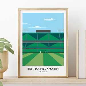 May include: A minimalist illustration of the Benito Villamarín stadium in Seville, Spain. The stadium is depicted in green and black with a blue sky and white clouds in the background. The text "BENITO VILLAMARÍN SEVILLE" is printed below the stadium.