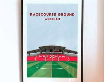 Poster del Wrexham AFC: Stampa per tifosi di calcio, illustrazione contemporanea dello stadio dell'ippodromo.