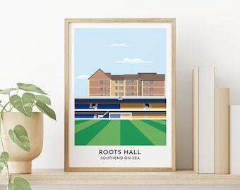 Ilustracja stadionu Roots Hall autorstwa Southend United, najlepsze prezenty dla niej i dla niego, fani piłki nożnej, spersonalizowany nadruk tekstowy