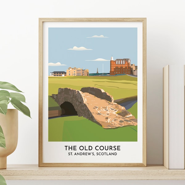 St. Andrews Golf Art Print - Old Course Swilcan Bridge Illustration Poster Gift - Golf Artwork Present - Gifts for Dad Uncle