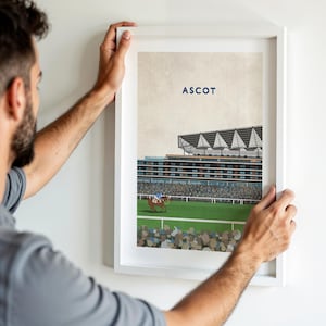 Impresión artística de carreras de caballos de Ascot, póster retro ilustrado de equinos, obra de arte del hipódromo británico de jockeys, enmarcada o sin enmarcar.