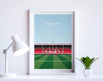 Wydruk artystyczny Gloucester Rugby Kingsholm Stadium – w oprawie lub bez – idealny, wyjątkowy prezent dla fanów rugby – szybka dostawa w Wielkiej Brytanii