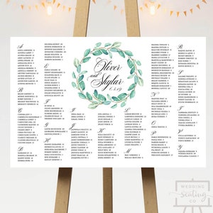 Groene krans bruiloft zitplaatsen tabelsjabloon | Botanisch lente/zomerontwerp | Groot ontvangstbord | Afdrukbare digitale download
