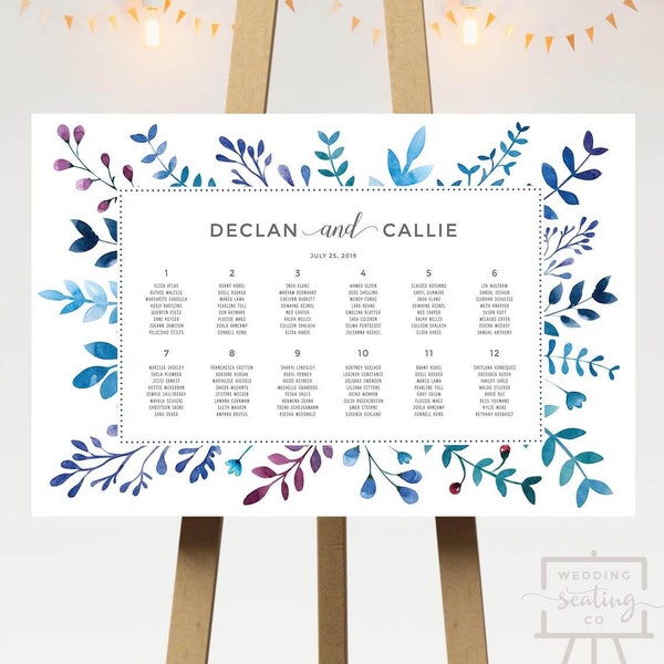 Wedding Reception Seating Chart Display Printable Blue Twigs Leaves Spring Summer Table Assignments Guest List White Fun Bohemian DIGITAL