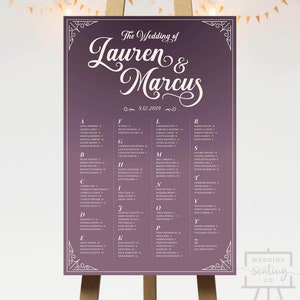 Bruiloft zithoek lavendel paars vintage hoeken decoratie tafel zitplaatsen afdrukbare grafiek alfabetische volgorde aangepast digitaal