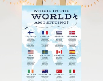 Destino Boda Tabla de asientos Mapa mundial Viajes Países Nombres de mesa Banderas Plan de mesa imprimible Trotamundos Invitados internacionales DIGITAL