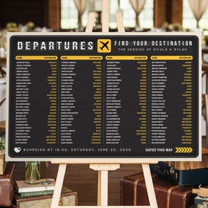 Plano de asientos para bodas con salidas: diseño de tablero de vuelos de aeropuerto, letrero de destino con temática de viaje, lista alfabética de invitados imprimible digitalmente