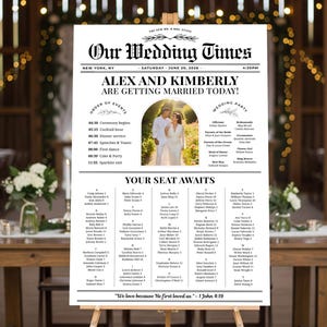 Può includere: Un tableau di matrimonio bianco su un cavalletto. Il titolo recita "Our Wedding Times" con i nomi "Alex e Kimberly" e la data "20 giugno 2026". Il grafico include una foto della coppia, l'ordine degli eventi e le assegnazioni dei posti a sedere.