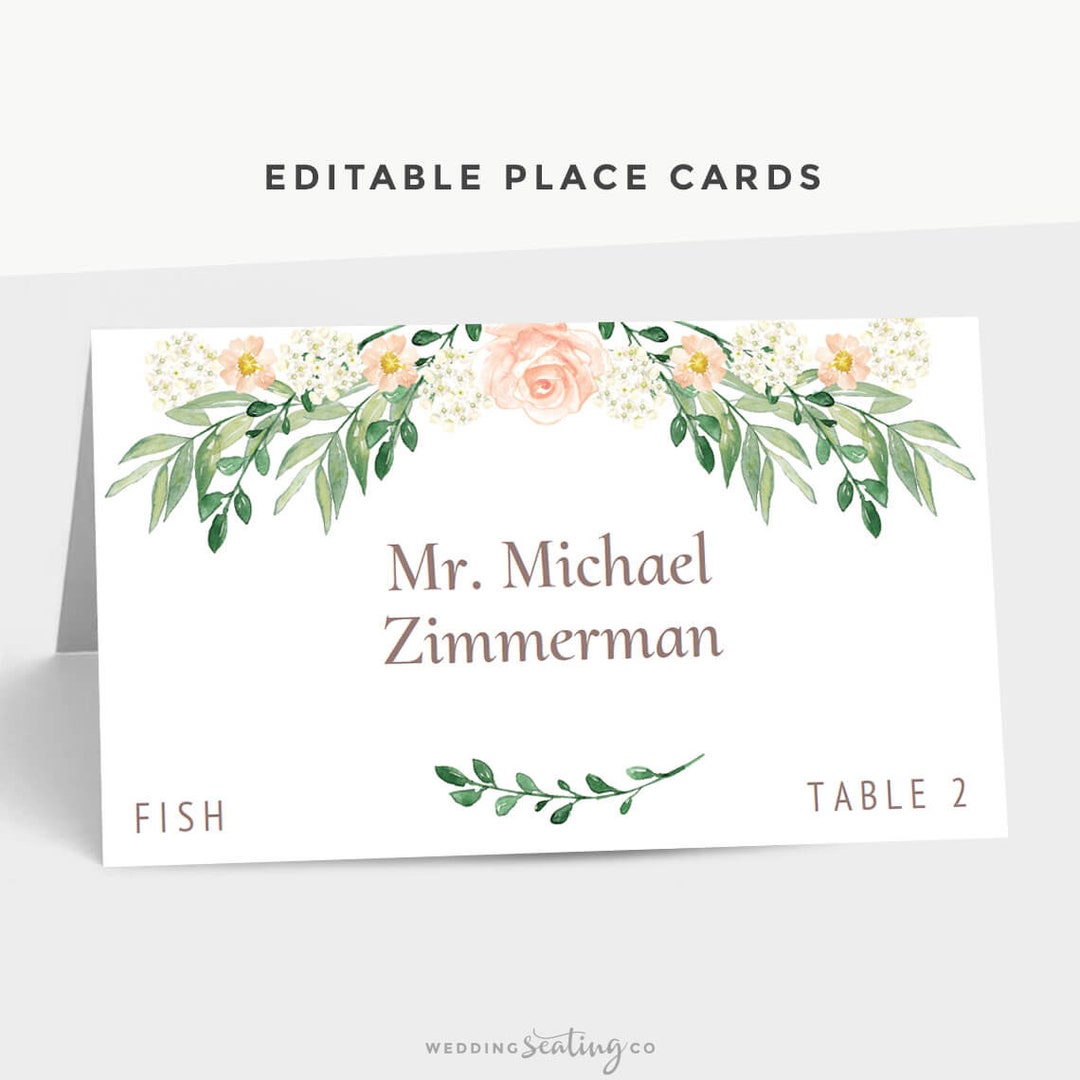 Avery Table Tents, Dinner Place Cards, Floral Spring Summer Wedding