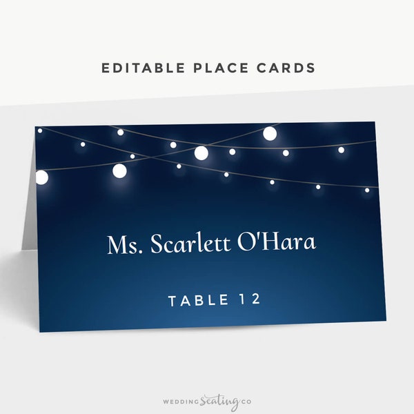 Printable Wedding Place Cards, Table Tent Cards, String Lights Reception Party Navy Blue, Avery Tent Card Template, Wedding Name Tags, PDF