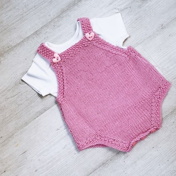 Baby Saskia Knit Romper with moss st trim, pdf knitting pattern, 0-2 yrs