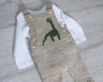 Baby Dinosaur Knit Dungaree , pdf knitting pattern, 0-3 yrs
