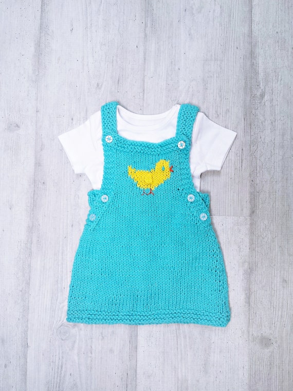 Baby Chick Aran Knitted Pinafore, pdf knitting pattern, 0-3 yrs