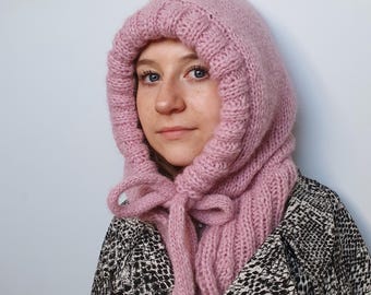 Adult Knitted Hood/Balaclava with tie pdf knitting pattern, sizes S,M&L