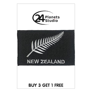 May include: Black embroidered patch with a white fern and the text "NEW ZEALAND".