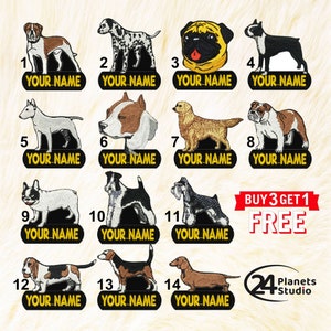 Może przedstawiać: Zestaw 14 haftowanych naszywek do prasowania przedstawiających różne rasy psów. Każda naszywka ma czarne tło z żółtym tekstem, który brzmi "YOUR NAME". Naszywki są ponumerowane od 1 do 14. Tekst "BUY 3 GET 1 FREE" znajduje się w prawym dolnym rogu obrazu. Tekst "24 Planets Studio" znajduje się w prawym dolnym rogu obrazu.