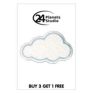 May include: White cloud shaped iron-on patch with a light blue outline. The patch says "BUY 3 GET 1 FREE" at the bottom.