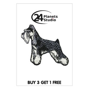 Puede incluir: Parche de hierro bordado en blanco y negro de un perro schnauzer miniatura. El parche presenta el texto "24 Planets Studio" y "COMPRA 3, LLEVA 1 GRATIS".