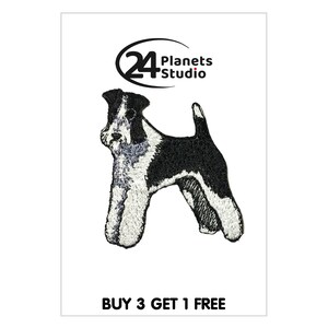 May include: Black and white embroidered iron-on patch of a Wire Fox Terrier dog. The patch features the text "24 Planets Studio" in a circle above the dog.