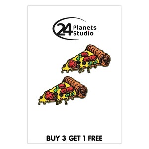 May include: Two embroidered iron-on patches of pizza slices. The patches are yellow, orange, red, green, and brown. The text "BUY 3 GET 1 FREE" is at the bottom of the image.