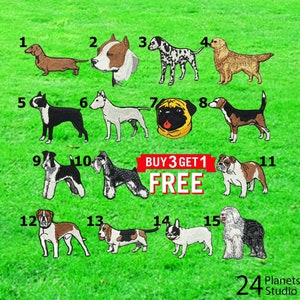 Könnte beinhalten: Ein Set mit 15 gestickten Bügelbildern mit verschiedenen Hunderassen. Die Patches sind von 1 bis 15 nummeriert. Der Text "BUY 3 GET 1 FREE" befindet sich in einem roten Kasten.