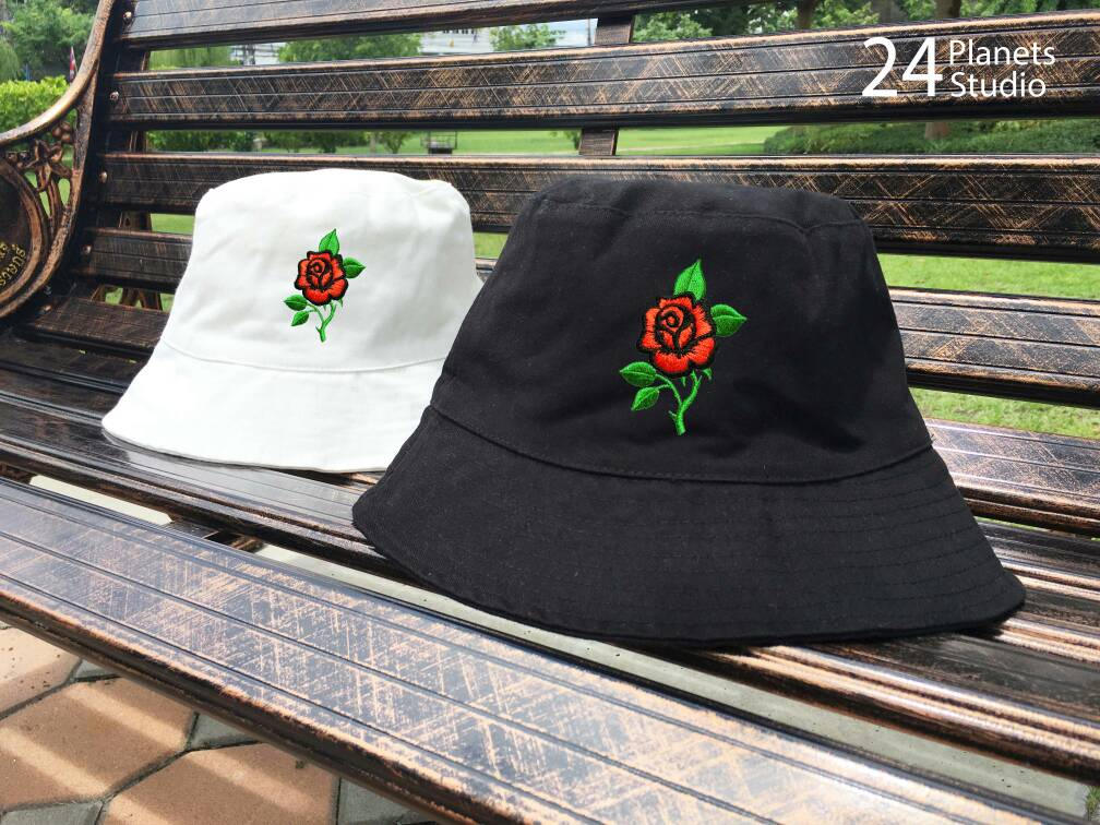 Red Rose Embroidered Bucket Hat by 
