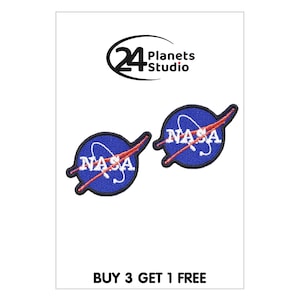 May include: Two blue and red embroidered NASA patches with white lettering. The patches are on a white background. The text "BUY 3 GET 1 FREE" is at the bottom of the image.