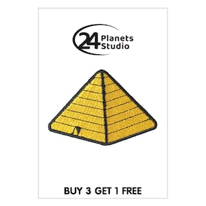 May include: Yellow embroidered iron-on patch of a pyramid with black outlines. The patch says "BUY 3 GET 1 FREE" at the bottom.