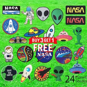 Buy 3 Get 1 free Iron on Patches by 24PlanetsStudio NASA UFO Alien Rocket Earth Astronaut