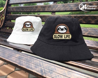 Sloth Slow Life Embroidered Bucket Hat by 24PlanetsStudio