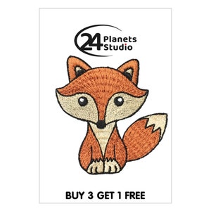 May include: Embroidered iron-on patch of a cute orange fox with a white belly and black eyes. The patch is perfect for adding a touch of whimsy to clothing, bags, or other fabric items.  "BUY 3 GET 1 FREE" is written below the fox.