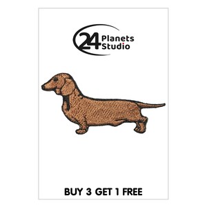 May include: Embroidered iron-on patch of a brown dachshund dog. The patch features the text "BUY 3 GET 1 FREE".