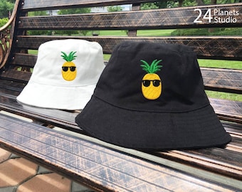 Pineapple with Sunglaesses Embroidered Bucket Hat by 24PlanetsStudio