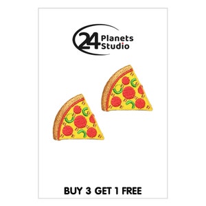 May include: Two yellow and red embroidered iron-on patches of pizza slices. The patches have green pepper and red pepperoni toppings. The text "BUY 3 GET 1 FREE" is at the bottom of the image.