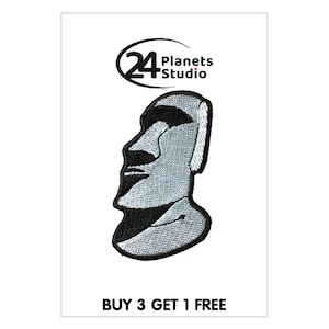 May include: Embroidered iron-on patch featuring a gray and black silhouette of a Moai statue, a traditional stone head from Easter Island. The patch has the text "24 Planets Studio" above the statue and "BUY 3 GET 1 FREE" below.