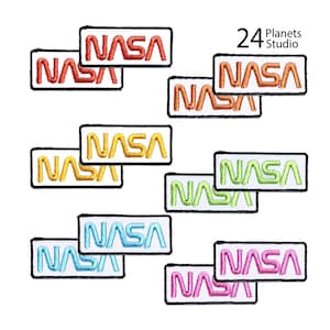 May include: Set of 10 iron-on patches featuring the NASA logo in various colours, including red, orange, yellow, green, blue, and pink. The patches are stacked in pairs, with each pair featuring a different colour.